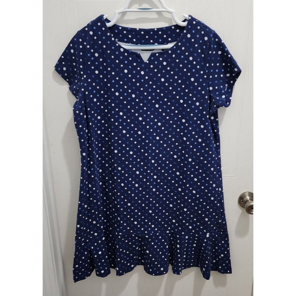 Lands End Womens Short Sleeve Flounce Ruffle Hem T-Shirt Dress Blue Polka Dot LP